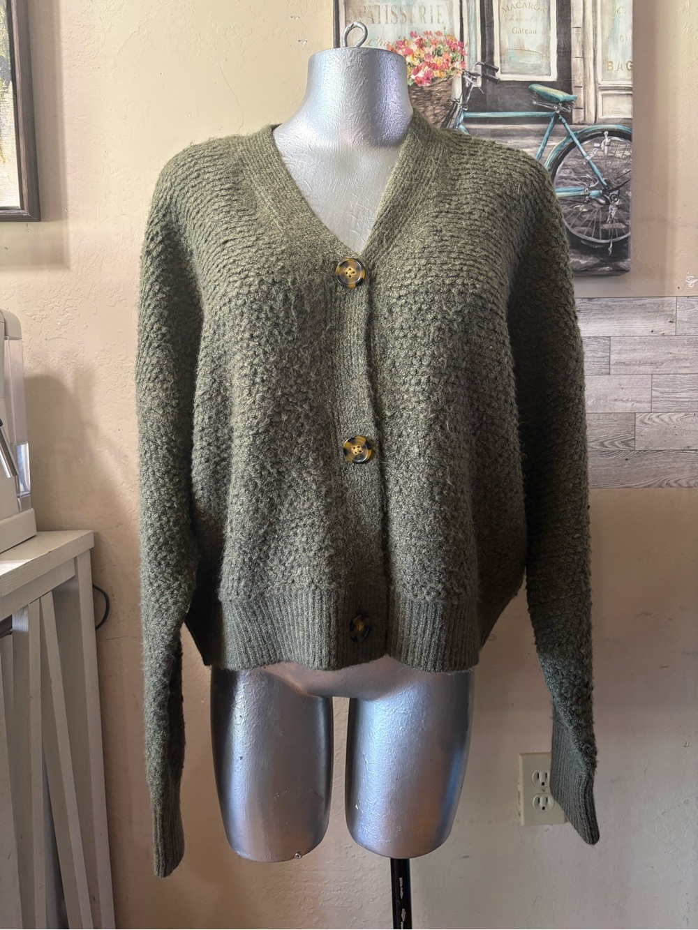 Button-Front Olive Green Knit Cardigan Sweater